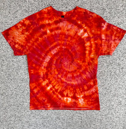 MHD Red Dark Orange Light Orange Spiral Ice Dye Tie Dye Short Sleeve Shirt 100% Cotton Size XL
