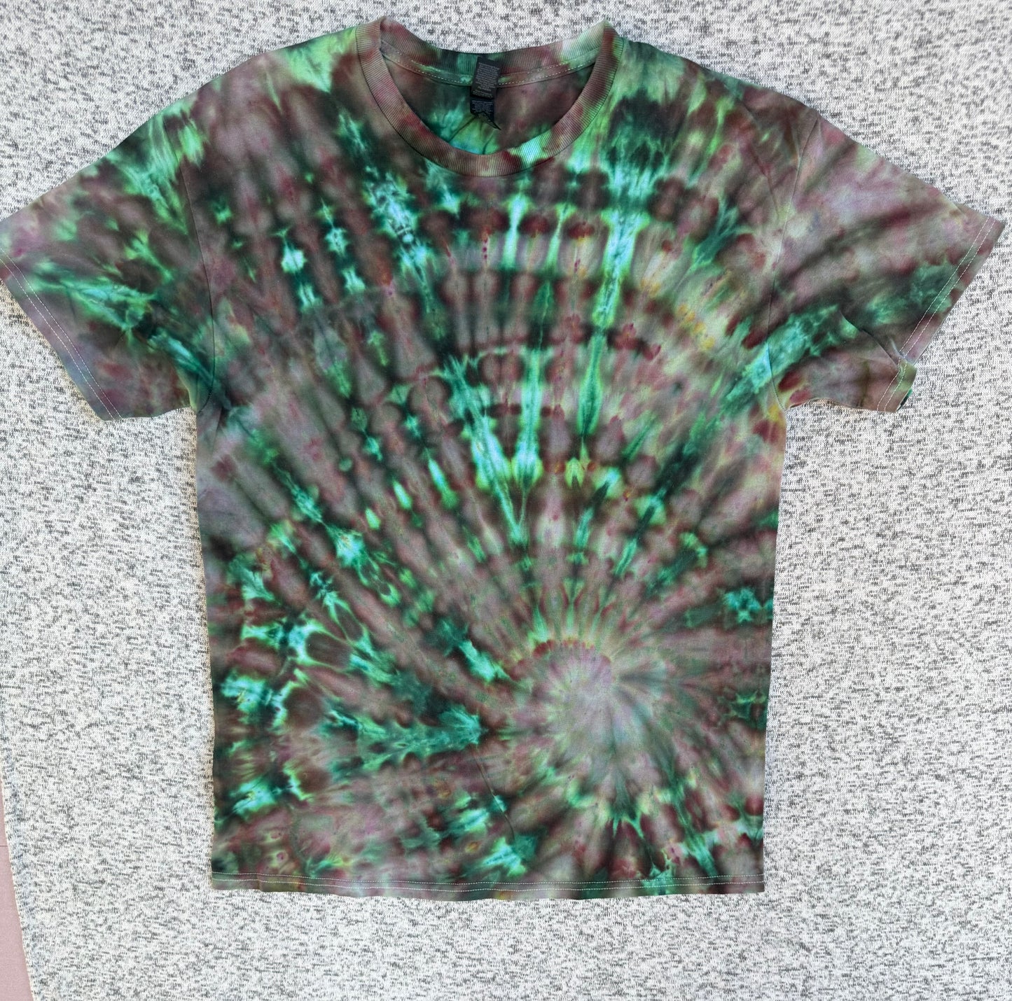 MHD Dark Green Purple Light Green Spiral Ice Dye Tie Dye Short Sleeve Shirt 100% Cotton Size Large