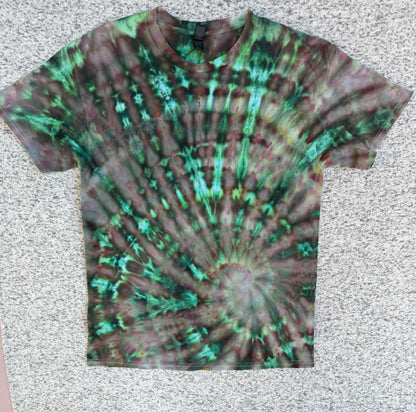 MHD Dark Green Purple Light Green Spiral Ice Dye Tie Dye Short Sleeve Shirt 100% Cotton Size Large