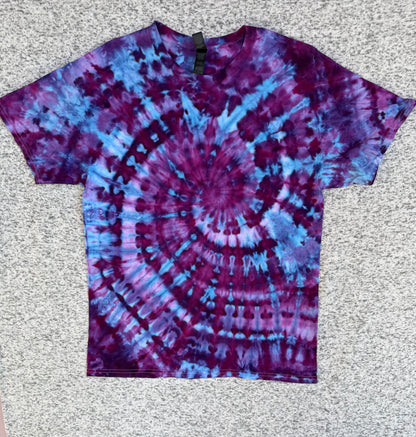 MHD Dark Purple Navy Blue Bright Blue Lavender Spiral Ice Dye Tie Dye Short Sleeve Shirt 100% Cotton Size Large