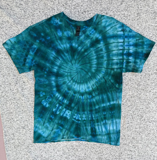 MHD Dark Green Navy Blue Spiral Ice Dye Tie Dye Short Sleeve Shirt 100% Cotton Size Large