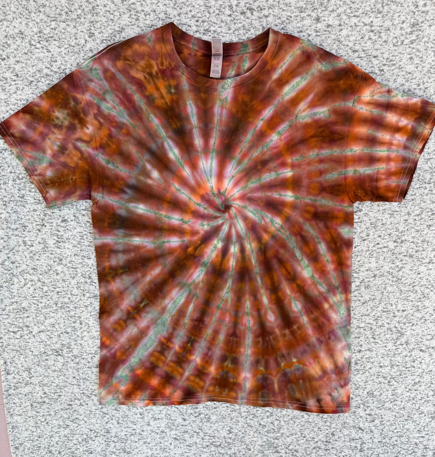 MHD Orange Brown Green Spiral Ice Dye Tie Dye Short Sleeve Shirt 100% Cotton Size Large