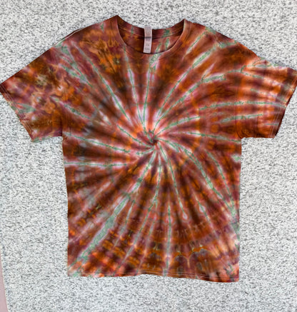 MHD Orange Brown Green Spiral Ice Dye Tie Dye Short Sleeve Shirt 100% Cotton Size Large