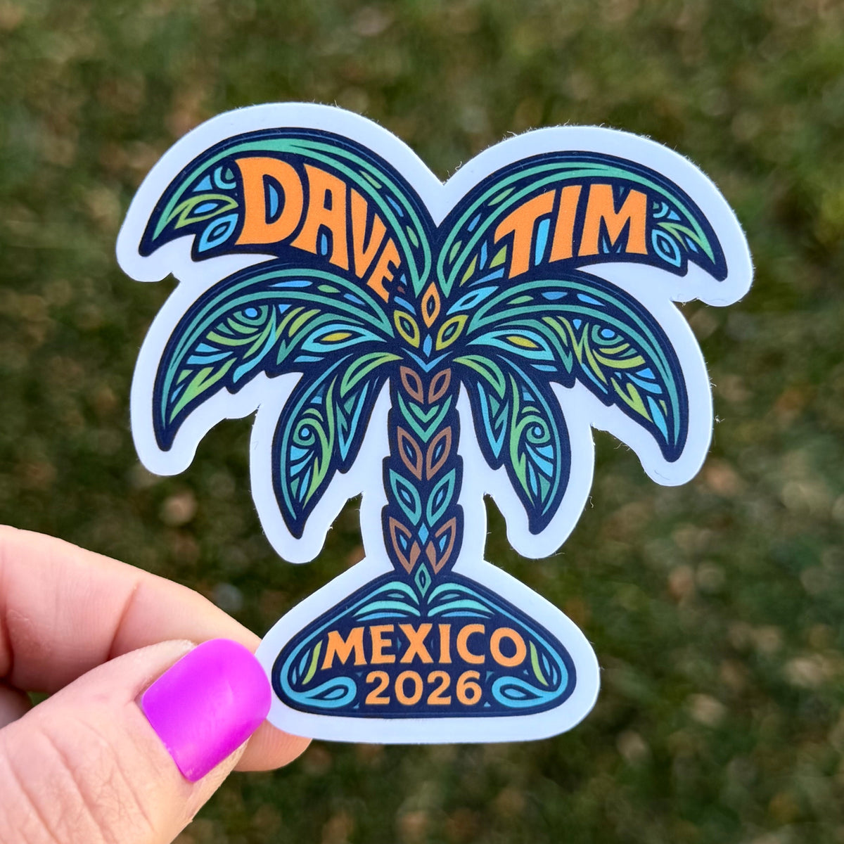 Dave & Tim Mexico 2026 Green Brown Yellow Palm Tree Heart Vinyl Sticker Slap 3" x 2.9" Matte Finish