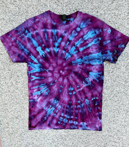 MHD Dark Purple Bright Blue Lavender Spiral Ice Dye Tie Dye Short Sleeve Shirt 100% Cotton Size Medium