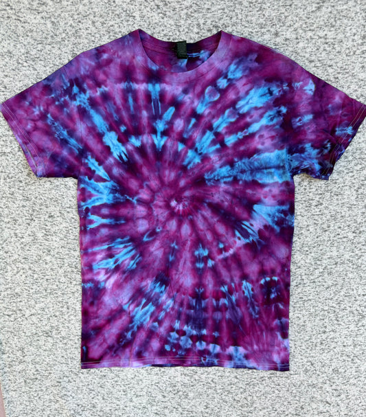 MHD Dark Purple Bright Blue Lavender Spiral Ice Dye Tie Dye Short Sleeve Shirt 100% Cotton Size Medium