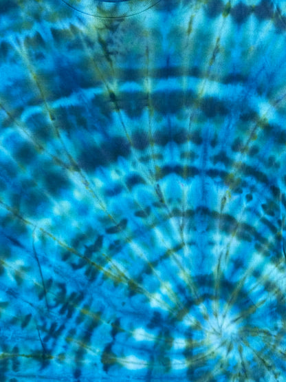 MHD Dark Blue Dark Green Bright Blue Light Green Spiral Ice Dye Tie Dye Short Sleeve Shirt 100% Cotton Size XXL