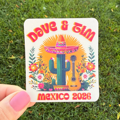 Dave & Tim Mexico 2026 Red Yellow Green Cactus Sombrero Guitar Mexican Flowers Vinyl Sticker Slap 3" x 2.6" Matte Finish