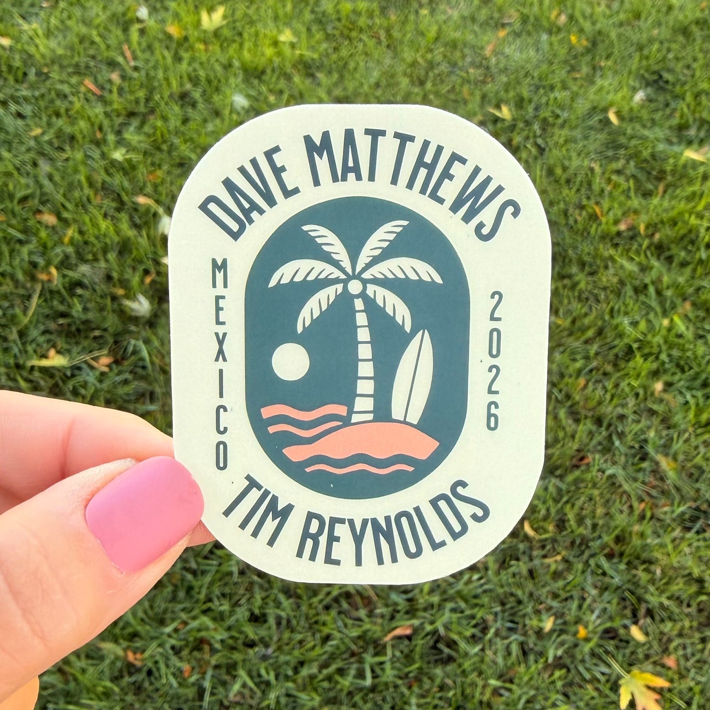 Dave Matthews Tim Reynolds Mexico 2026 Light Yellow Green Palm Tree Beach Ocean Vinyl Sticker Slap 2.75" x 2.15" Matte Finish