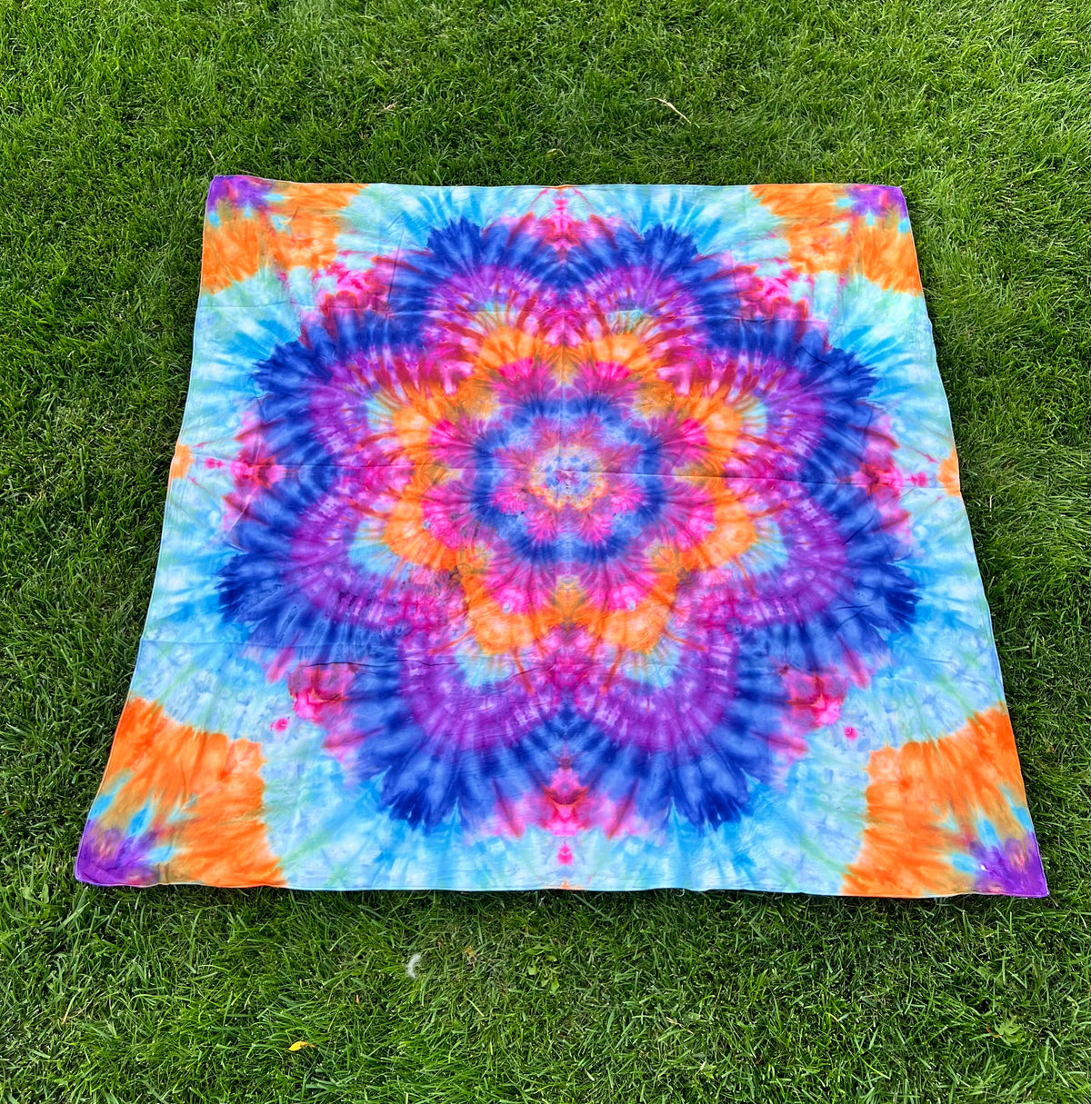 MHD Tie Dye Ice Dye Mandala Blue Orange Purple Pink Light Blue Tapestry Psychedelic Wall Hanging Festival Concert Tarp 100% Cotton 59" x 59"