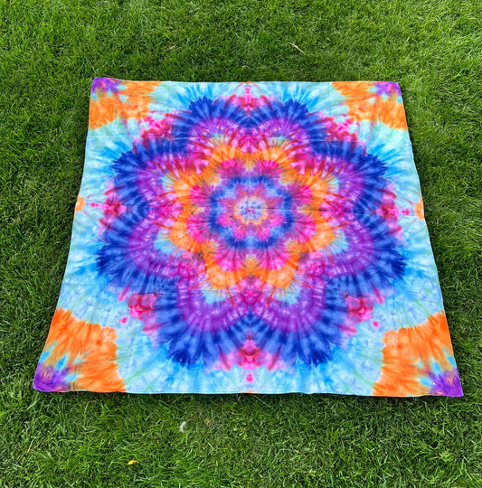 MHD Tie Dye Ice Dye Mandala Blue Orange Purple Pink Light Blue Tapestry Psychedelic Wall Hanging Festival Concert Tarp 100% Cotton 59" x 59"