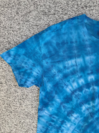 MHD Bright Blue Light Blue White Spiral Ice Dye Tie Dye Short Sleeve Shirt 100% Cotton Size XL