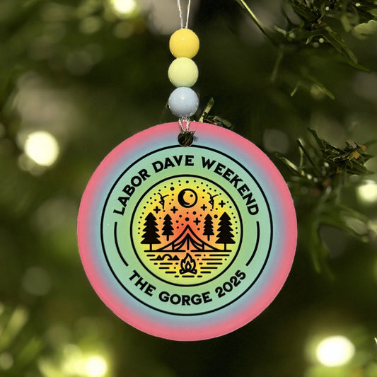 Labor Dave Weekend The Gorge 2025 Purple Blue Green Yellow Red Ombre Camping Metal Holiday Christmas Ornament with Beads with Gift Box 2 Sizes: 2.75" x 2.75" or 3.5" x 3.5"