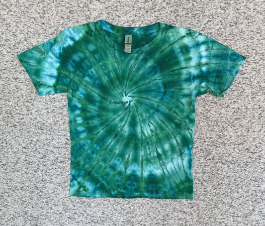 MHD Kids Dark Green Bright Green Navy Blue Spiral Ice Dye Tie Dye Short Sleeve Shirt 100% Cotton Size Small