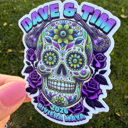 Dave & Tim Mexico 2026 Purple Bright Blue Green Sugar Skull Roses Guitars Vinyl Sticker Slap 3" x 2.5" Matte Finish
