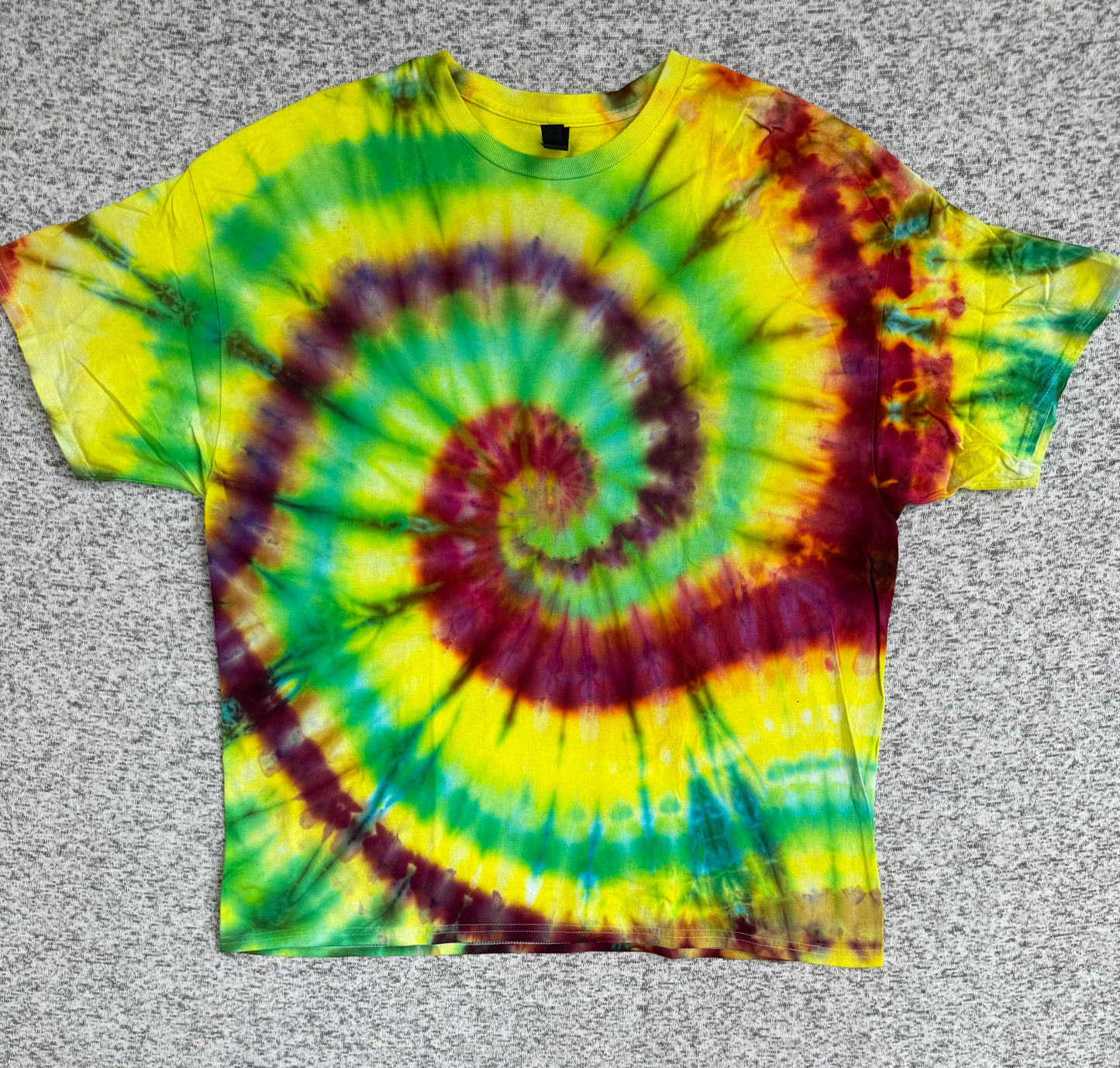 MHD Lime Green Yellow Orange Red Purple Spiral Ice Dye Tie Dye Short Sleeve Shirt 100% Cotton Size XXL