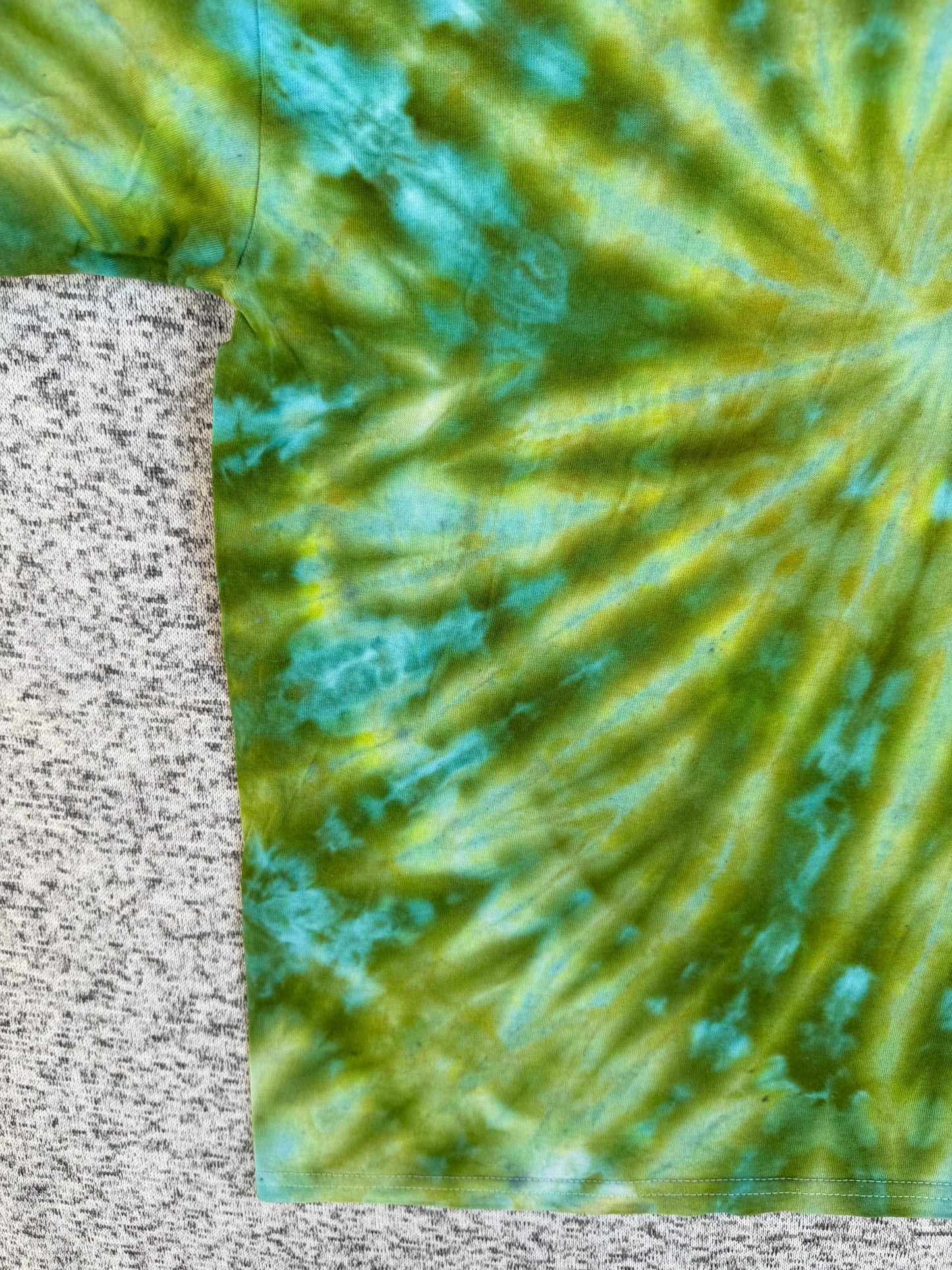 MHD Olive Green Teal Light Green Blue Spiral Ice Dye Tie Dye Short Sleeve Shirt 100% Cotton Size XL