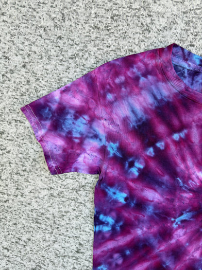 MHD Kids Dark Purple Pink Blue Spiral Ice Dye Tie Dye Short Sleeve Shirt 100% Cotton Size XS