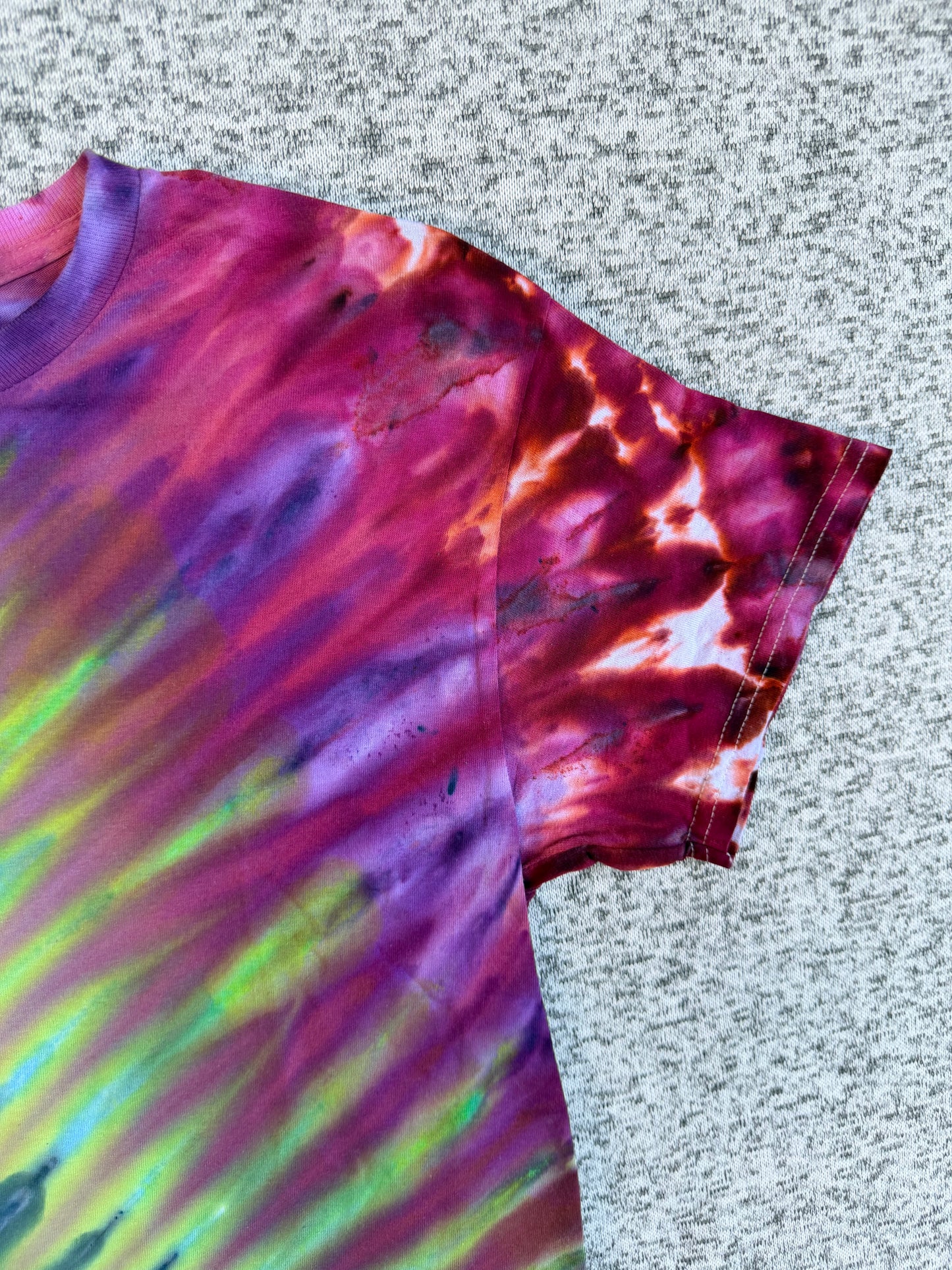 MHD Purple Green Orange Blue Fan Fold Ice Dye Tie Dye Short Sleeve Shirt 100% Cotton Size Medium