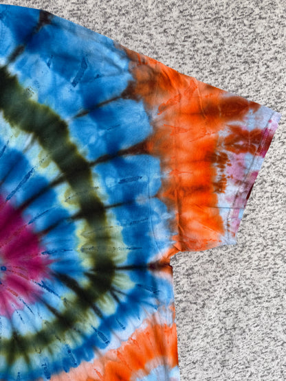 MHD Blue Red Green Orange Spiral Ice Dye Tie Dye Short Sleeve Shirt 100% Cotton Size XXL