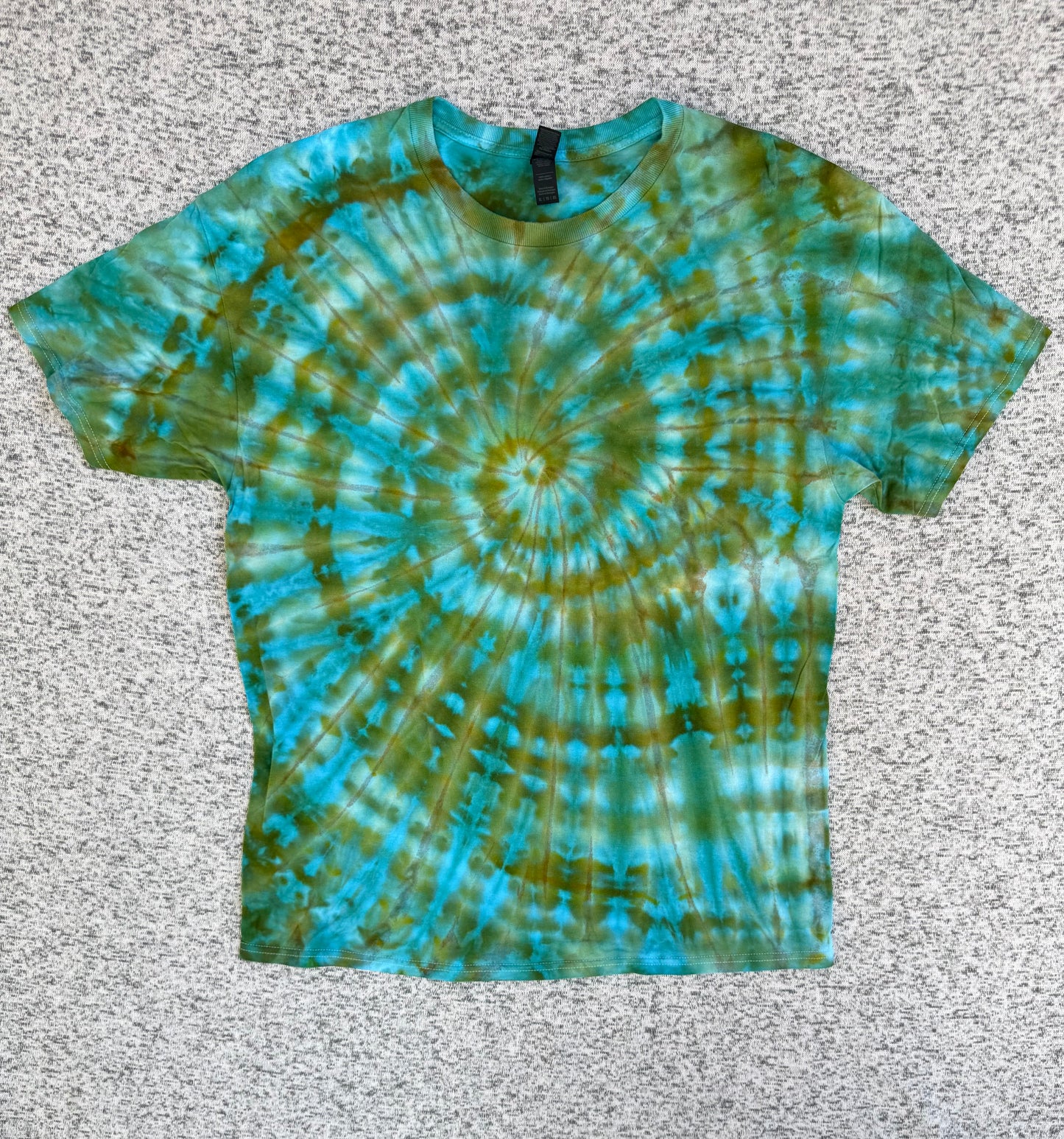 MHD Olive Green Brown Bright Blue Teal Spiral Ice Dye Tie Dye Short Sleeve Shirt 100% Cotton Size XL