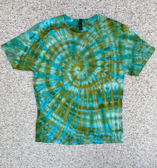 MHD Olive Green Brown Bright Blue Teal Spiral Ice Dye Tie Dye Short Sleeve Shirt 100% Cotton Size XL
