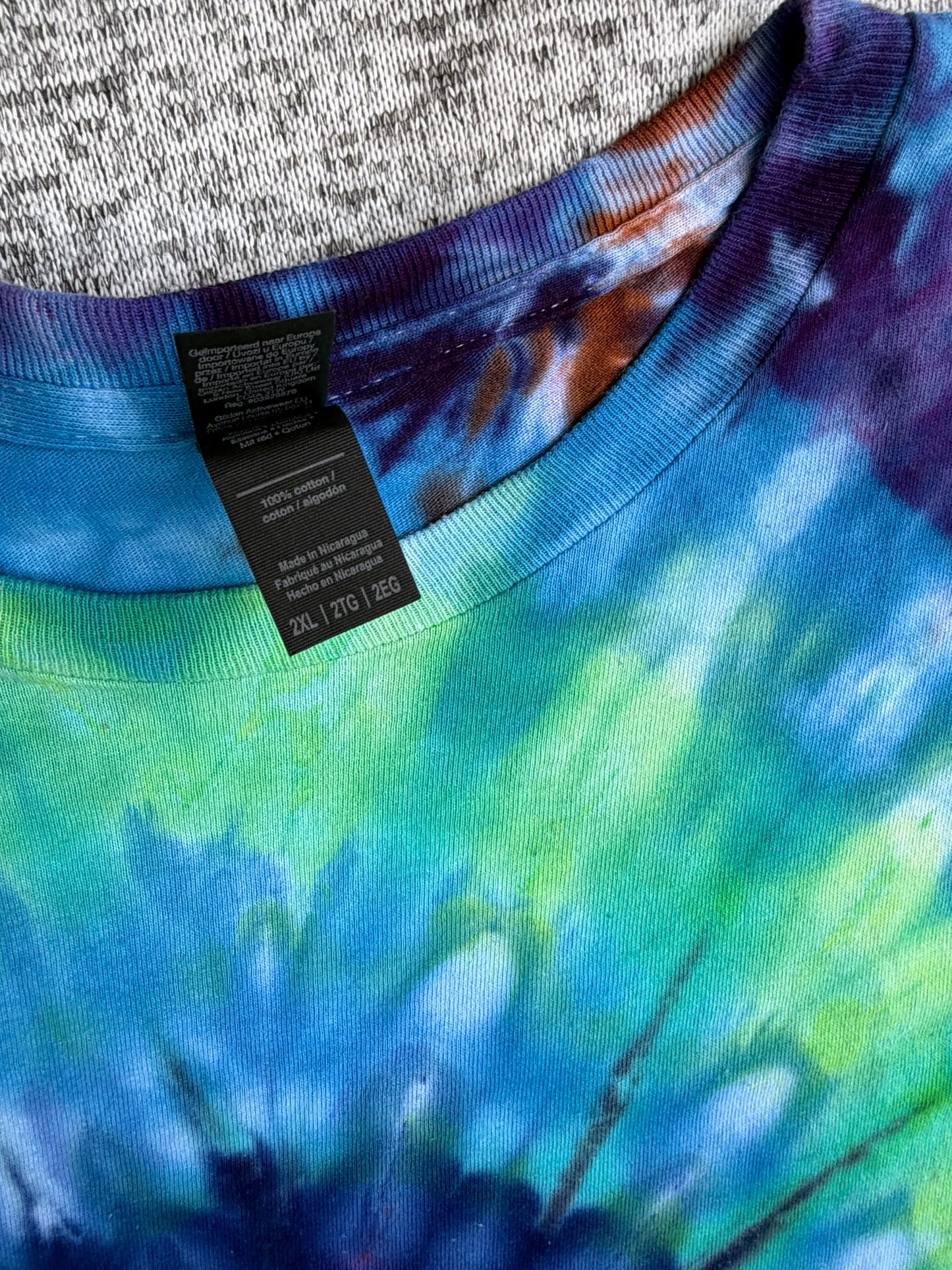 MHD Blue Green Red Orange Spiral Ice Dye Tie Dye Short Sleeve Shirt 100% Cotton Size XXL