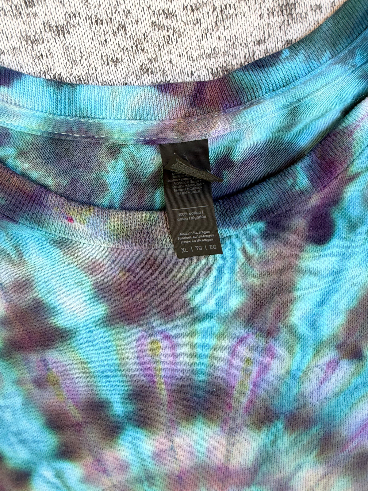 MHD Dark Purple Dark Blue Teal Spiral Ice Dye Tie Dye Short Sleeve Shirt 100% Cotton Size XL