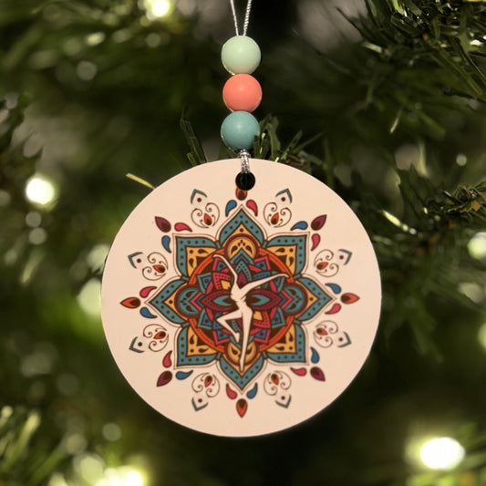 Teal Pink Blue Yellow Brown White Mandala Metal Holiday Christmas Ornament with Beads with Gift Box 2 Sizes: 2.75" x 2.75" or 3.5" x 3.5"