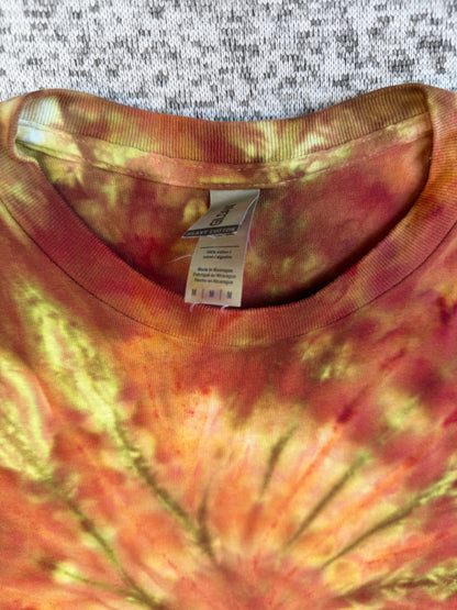 MHD Burnt Orange Yellow Olive Green Spiral Ice Dye Tie Dye Short Sleeve Shirt 100% Cotton Size Medium