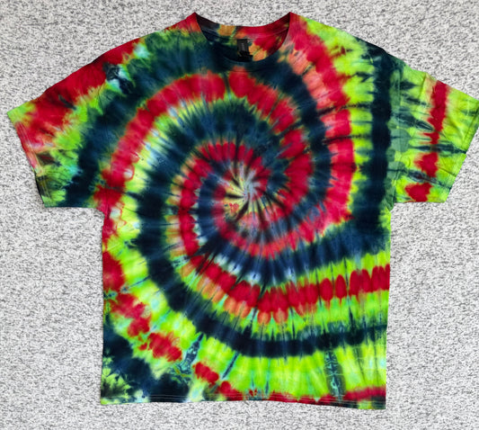 MHD Navy Blue Lime Green Red Yellow Spiral Ice Dye Tie Dye Short Sleeve Shirt 100% Cotton Size XXL