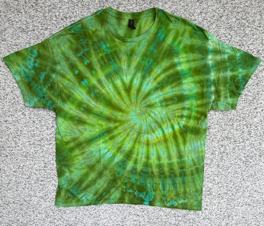 MHD Olive Green Lime Green Teal Spiral  Ice Dye Tie Dye Short Sleeve Shirt 100% Cotton Size XXL