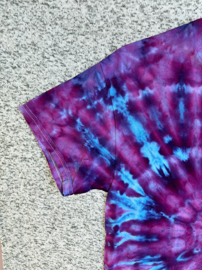 MHD Dark Purple Bright Blue Lavender Spiral Ice Dye Tie Dye Short Sleeve Shirt 100% Cotton Size Medium