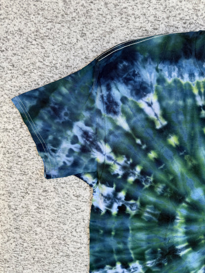 MHD Dark Green Navy Blue Light Green Spiral Ice Dye Tie Dye Short Sleeve Shirt 100% Cotton Size XL