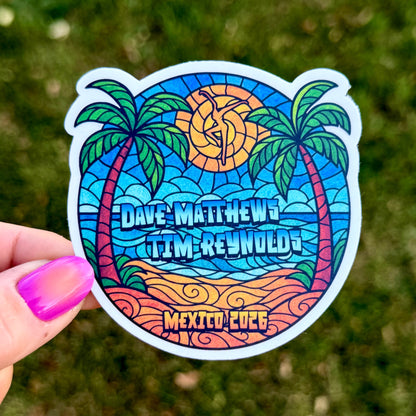 Dave Matthews Tim Reynolds Mexico 2026 Palm Trees Sun Ocean Waves Beach Stained Glass Vinyl Sticker Slap 3" x 3" Matte Finish