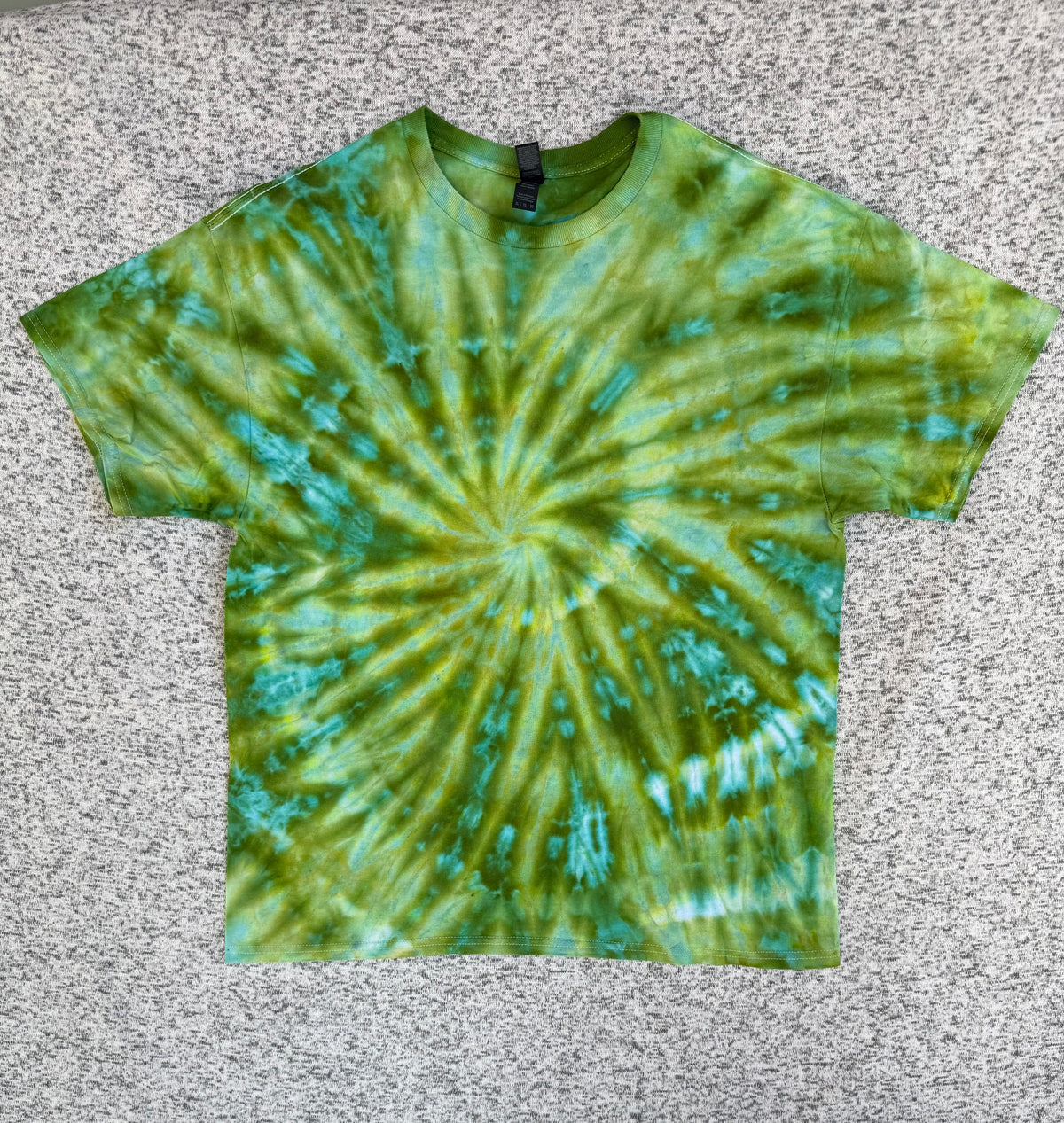 MHD Olive Green Teal Light Green Blue Spiral Ice Dye Tie Dye Short Sleeve Shirt 100% Cotton Size XL