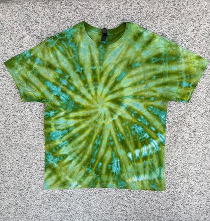 MHD Olive Green Teal Light Green Blue Spiral Ice Dye Tie Dye Short Sleeve Shirt 100% Cotton Size XL