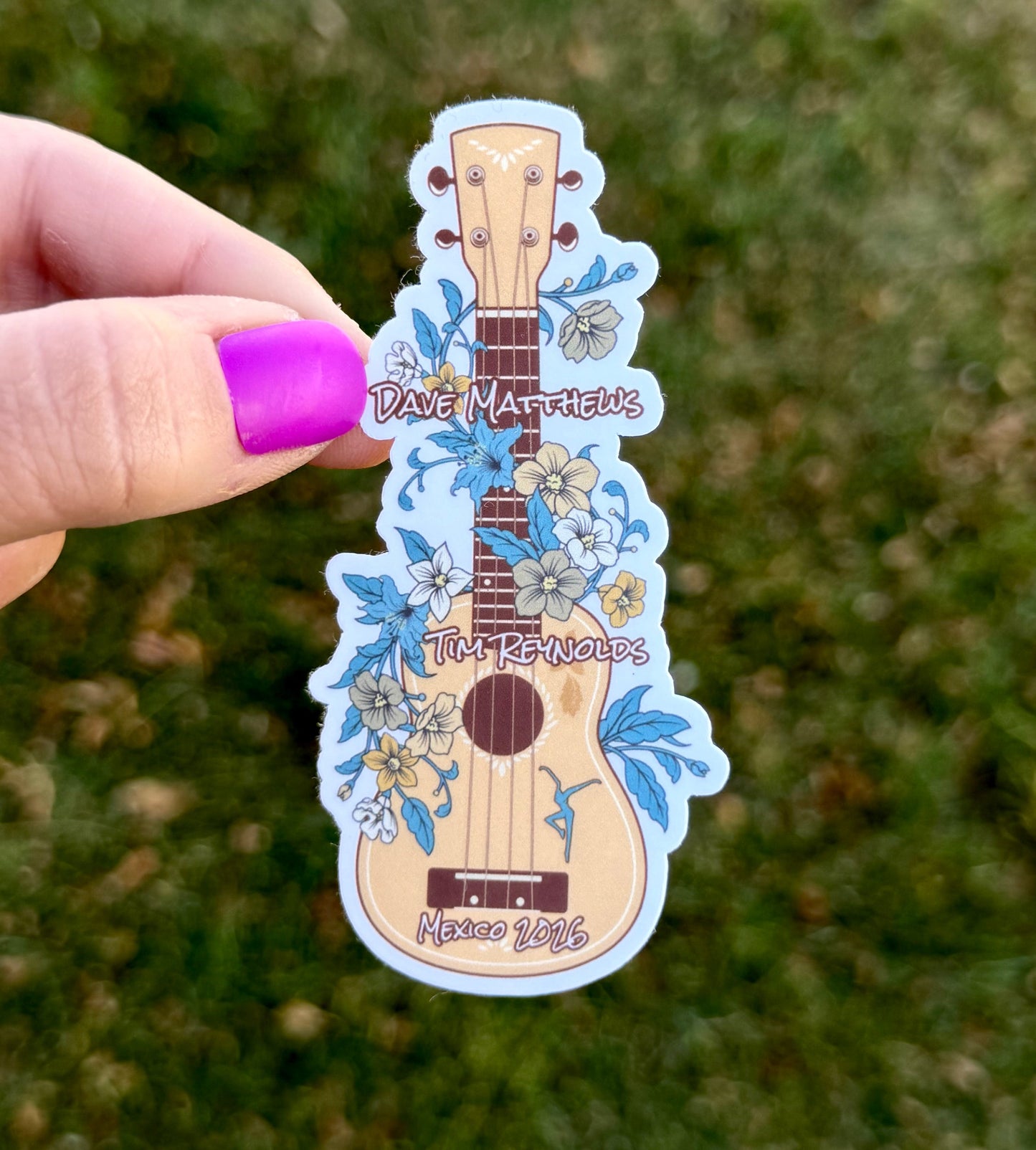 Dave Matthews Tim Reynolds Mexico 2026 Guitar Blue Yellow Green Hibiscus Flowers Vinyl Sticker Slap 3.6” x 1.75” Matte Finish