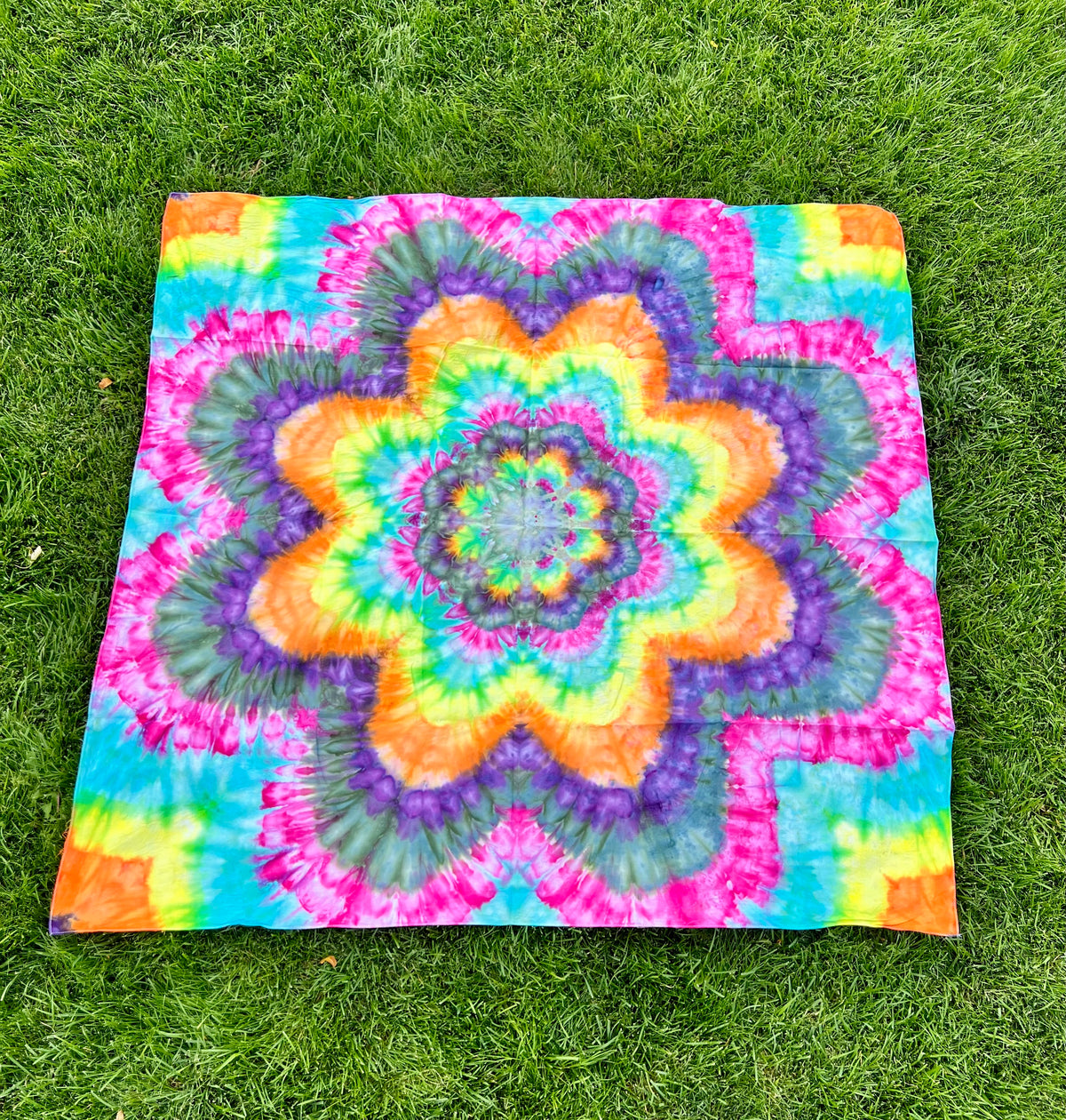 MHD Tie Dye Ice Dye Mandala Pink Green Purple Yellow Teal Orange Tapestry Psychedelic Wall Hanging Festival Concert Tarp 100% Cotton 59" x 59"