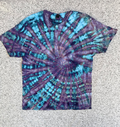 MHD Purple Dusty Rose Dark Blue Teal Spiral Ice Dye Tie Dye Short Sleeve Shirt 100% Cotton Size XL