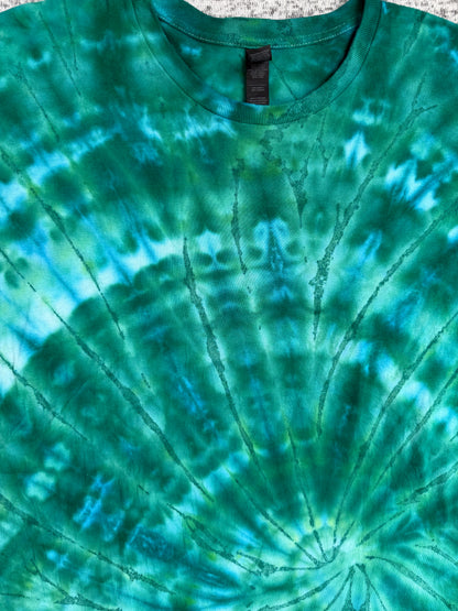 MHD Green Navy Blue Light Blue Spiral Ice Dye Tie Dye Short Sleeve Shirt 100% Cotton Size XXL