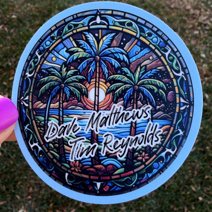 Dave Matthews Tim Reynolds Blue Green Stained Glass Palm Trees Ocean Sunset Mexico 2026 Vinyl Sticker Slap 3" x 3" Matte Finish