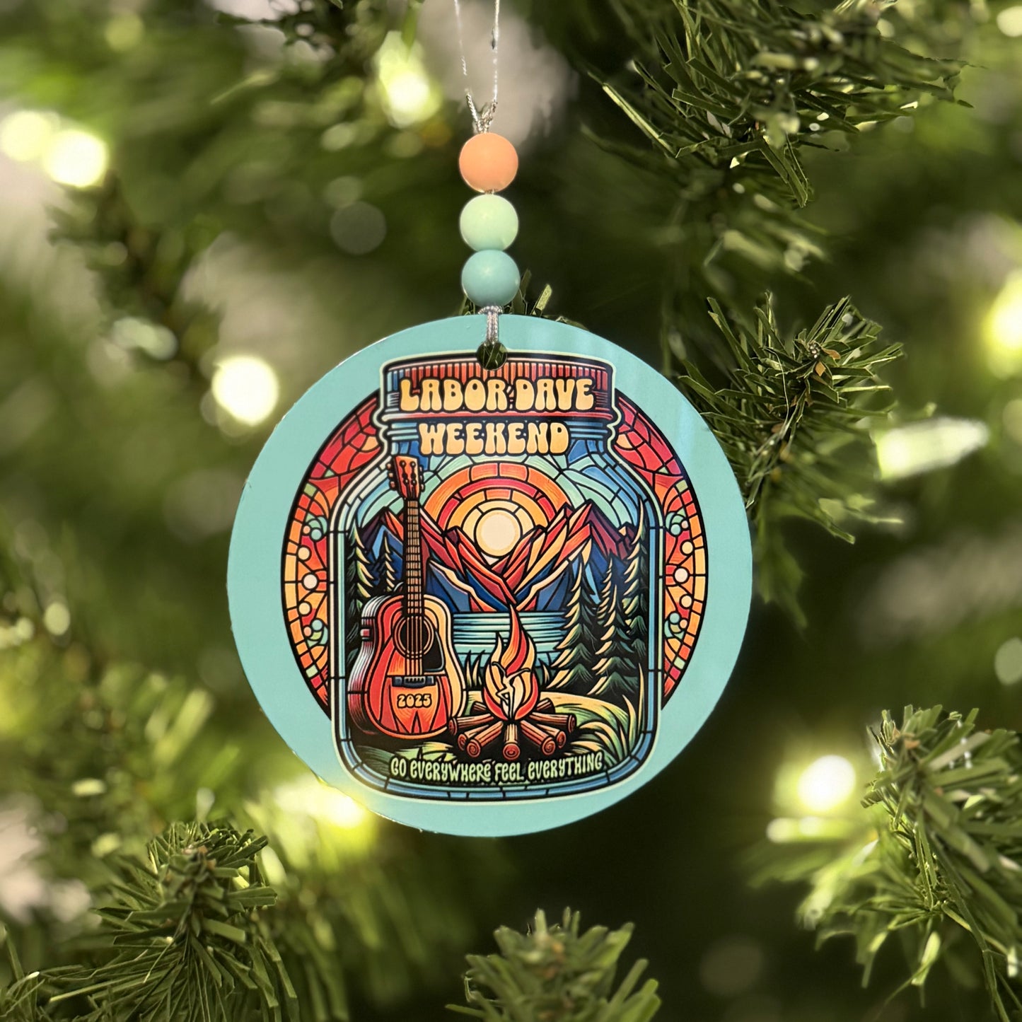 Labor Dave Weekend The Gorge 2025 Go Everywhere Feel Everything Stained Glass Campfire Guitar Mountains Metal Holiday Christmas Ornament with Beads with Gift Box 2 Sizes: 2.75" x 2.75" or 3.5" x 3.5"