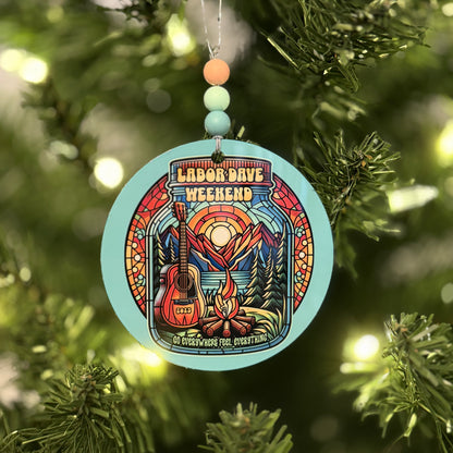 Labor Dave Weekend The Gorge 2025 Go Everywhere Feel Everything Stained Glass Campfire Guitar Mountains Metal Holiday Christmas Ornament with Beads with Gift Box 2 Sizes: 2.75" x 2.75" or 3.5" x 3.5"