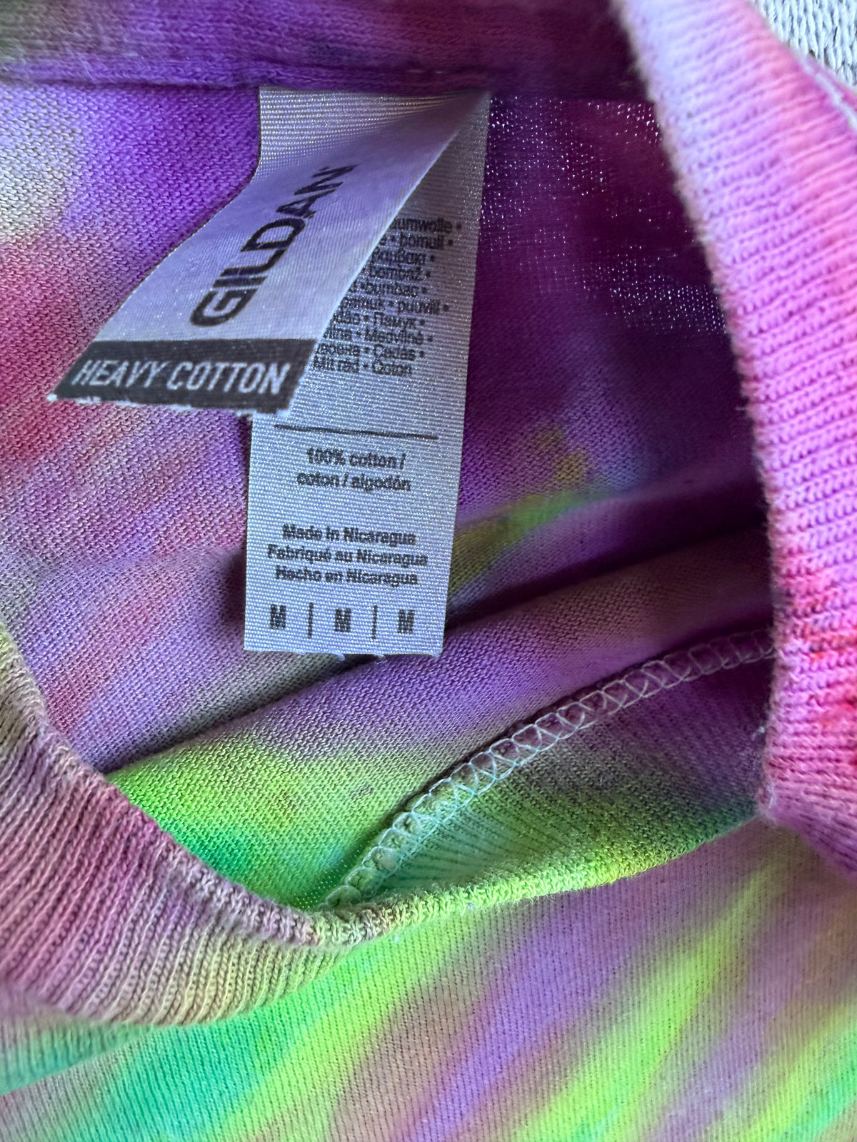 MHD Purple Green Orange Blue Fan Fold Ice Dye Tie Dye Short Sleeve Shirt 100% Cotton Size Medium