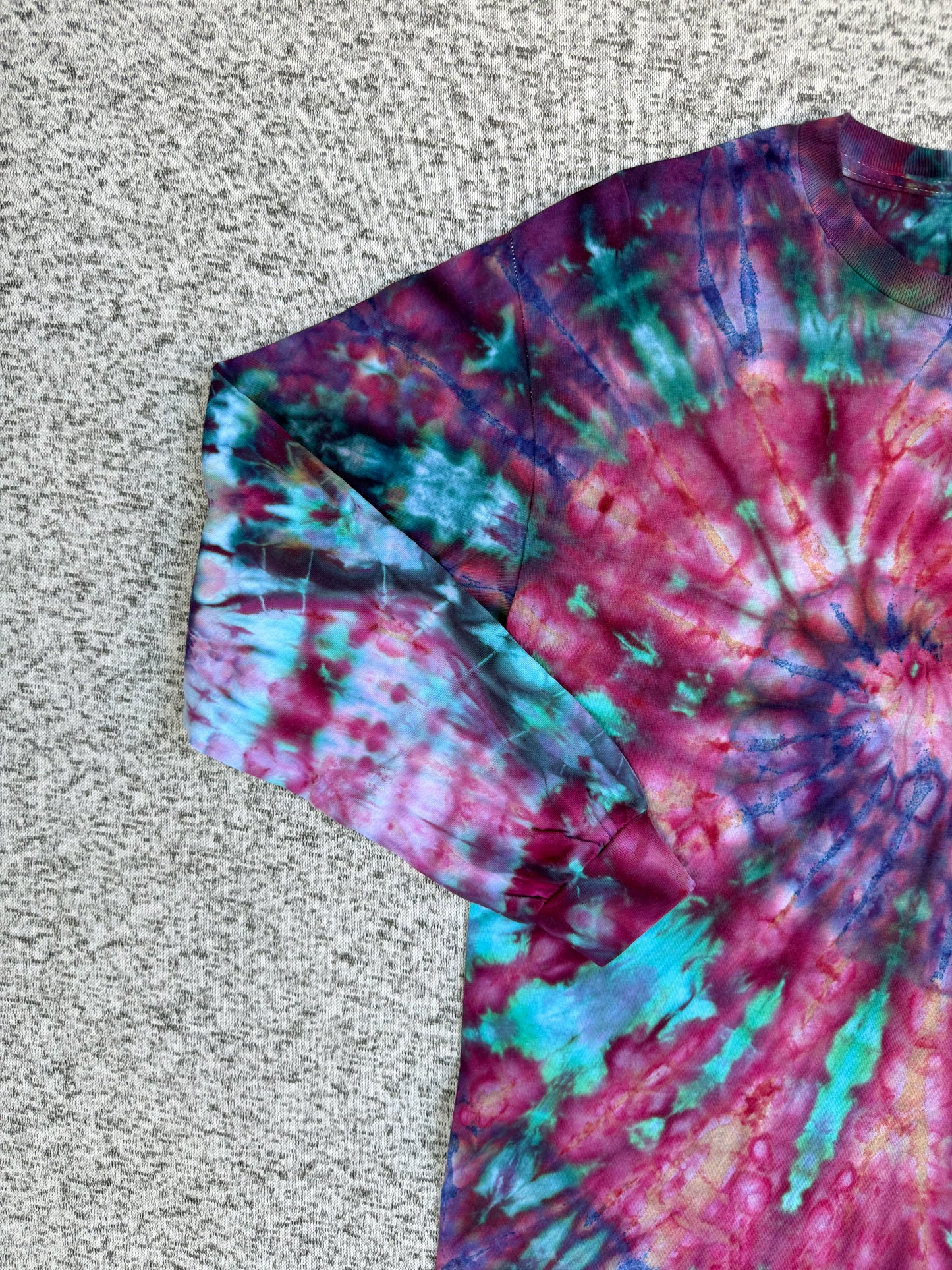 MHD Pink Purple Navy Blue Teal Spiral Ice Dye Tie Dye Long Sleeve Shirt 100% Cotton Size Medium