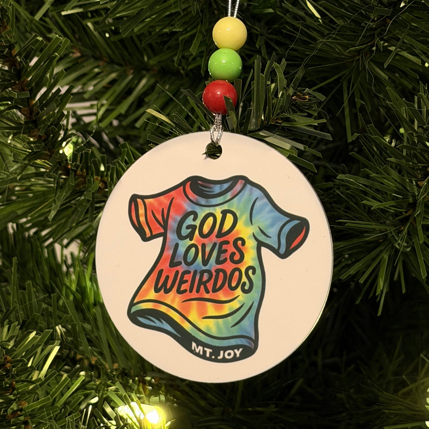 Mt. Joy God Loves Weirdos Tie Dye T-Shirt Metal Holiday Christmas Ornament with Beads with Gift Box 2 Sizes: 2.75" x 2.75" or 3.5" x 3.5"