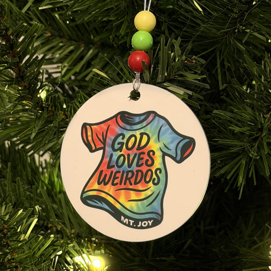 Mt. Joy God Loves Weirdos Tie Dye T-Shirt Metal Holiday Christmas Ornament with Beads with Gift Box 2 Sizes: 2.75" x 2.75" or 3.5" x 3.5"