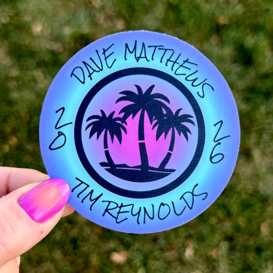 Dave Matthews Tim Reynolds Mexico 2026 Purple Blue Pink Ombre Black Palm Trees Vinyl Sticker Slap 3" x 3" Matte Finish