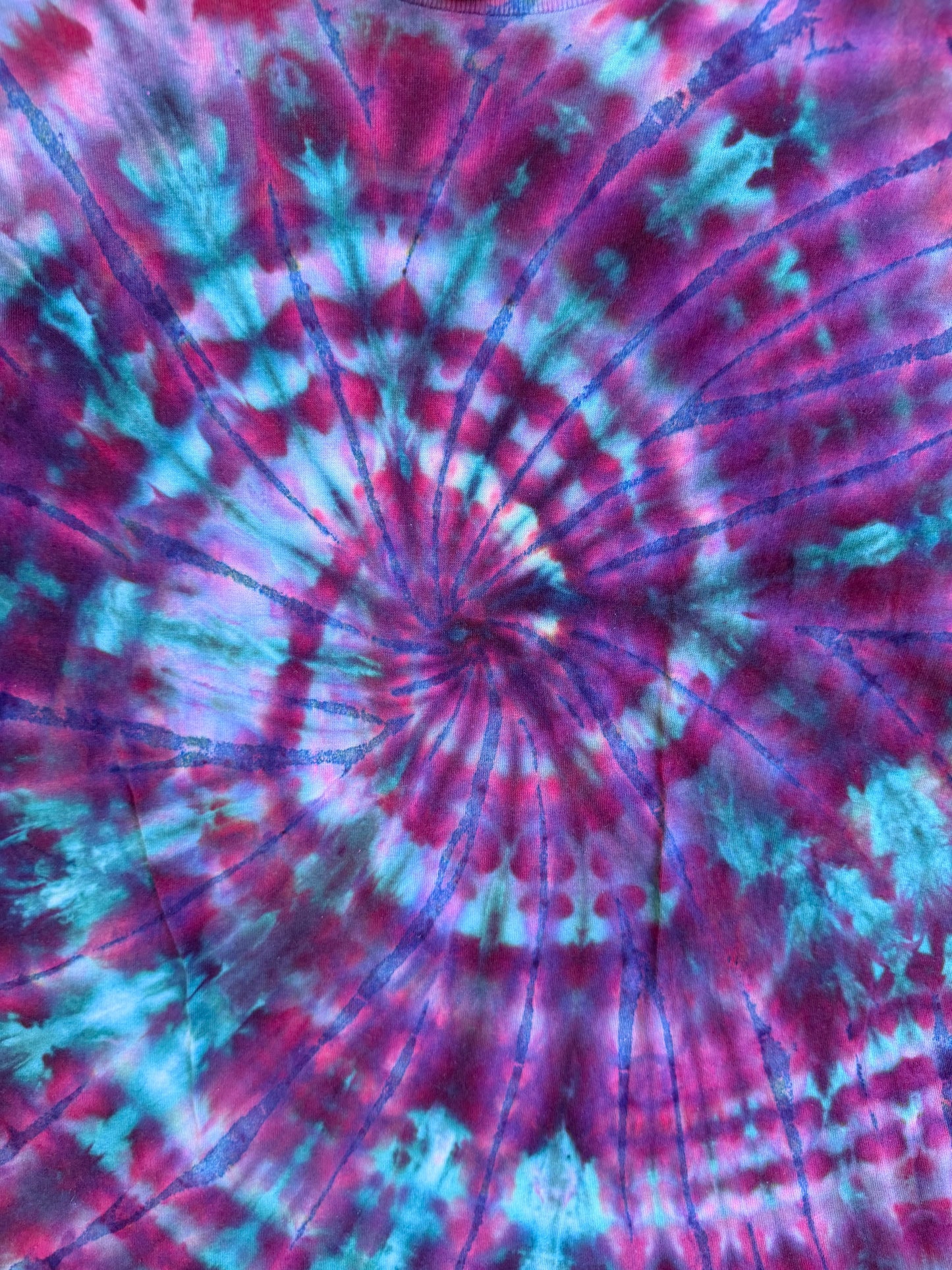 MHD Purple Navy Blue Teal Spiral Ice Dye Tie Dye Short Sleeve Shirt 100% Cotton Size Medium